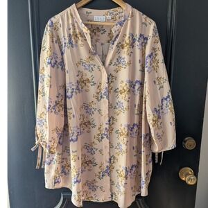 Joan‎ Rivers Floral 3/4 Tie Sleeve Button Front Tunic Blush Pink Lavender Sz 22W